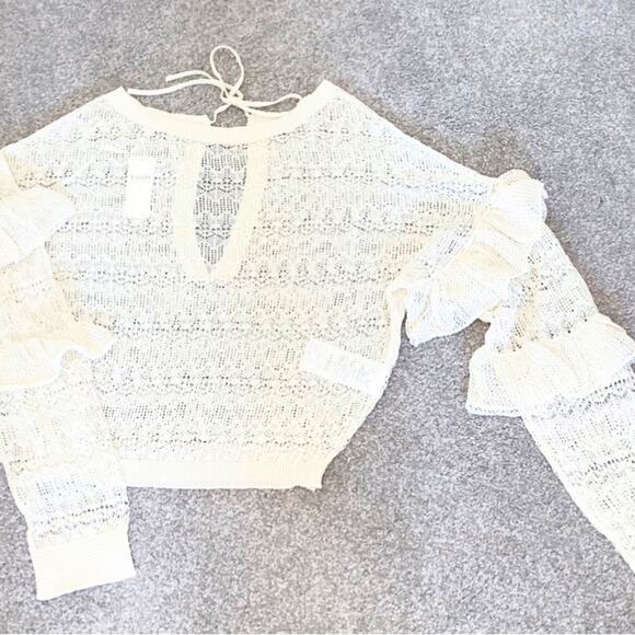 ANTHROPOLOGIE Womens Sweater Size XS Cream Sheer Open-Stitch Ruffle Coquette - Picture 2 of 12